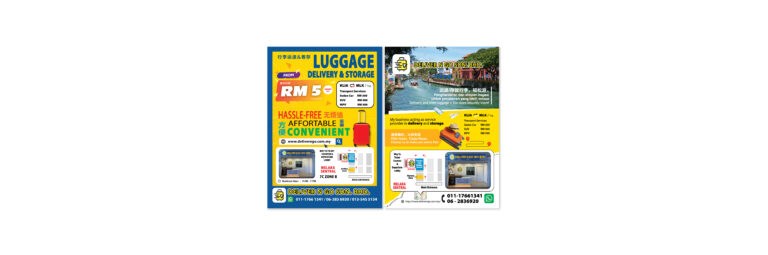 DeliverNGo flyer design showing luggage delivery and storage services in Melaka