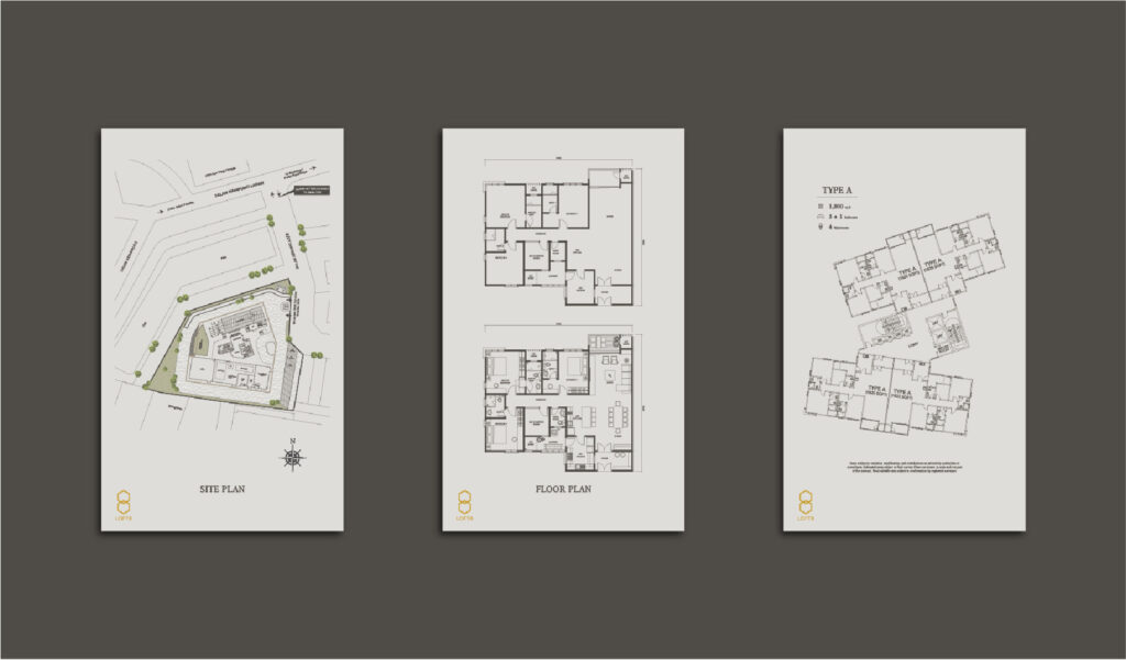 Loft 8 exhibition wall featuring site plans, floor plans, and interior visuals for GrandHome.