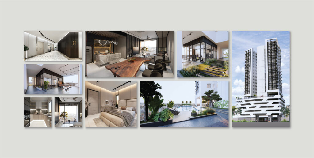 Modern property showroom display with large presentation boards for the Loft 8 project.