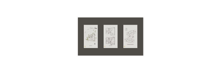 Clean and elegant exhibition wall design for Loft 8 with project visuals and building perspective.