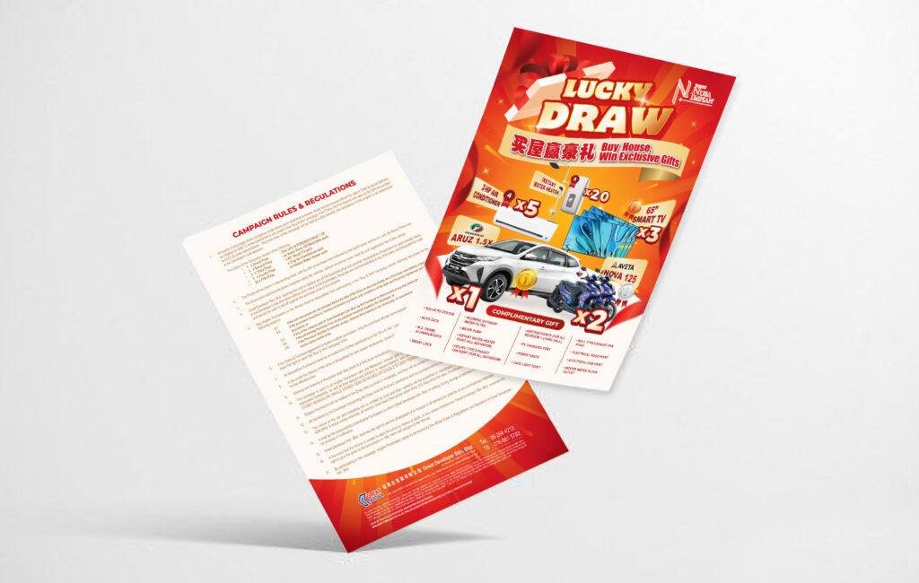 Taman Nusa Impian Lucky Draw flyer showing grand prizes and campaign details
