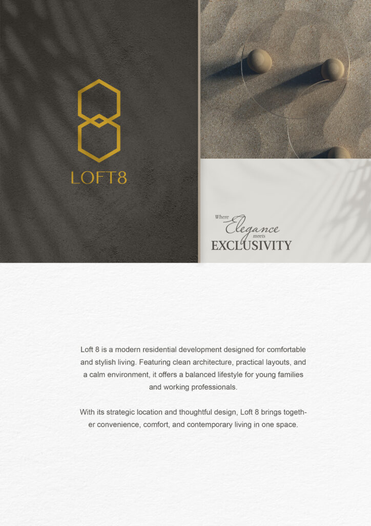Loft 8 logo design featuring a modern gold geometric number 8 on a dark background