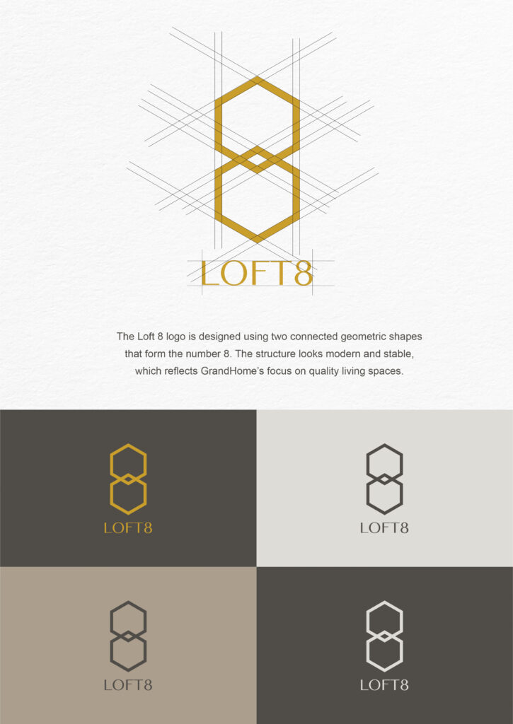 Minimal gold line logo for Loft 8 with connected hexagon shapes on dark grey