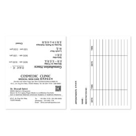 Front and back design of Cosmedic Clinic appointment card with clinic address, QR code, and appointment grid.