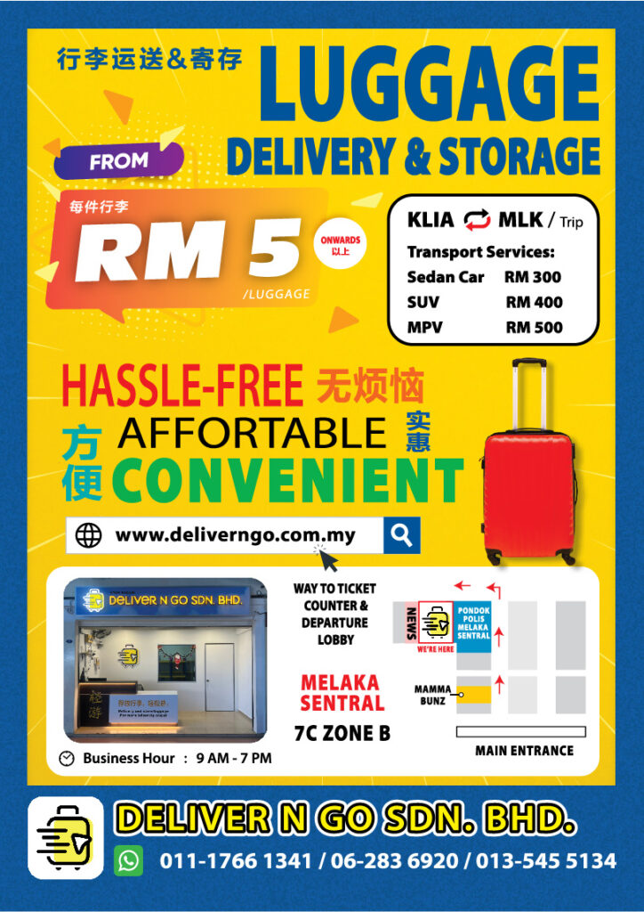 DeliverNGo promotional flyer featuring Melaka location map and contact details