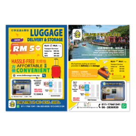 DeliverNGo flyer design showing luggage delivery and storage services in Melaka