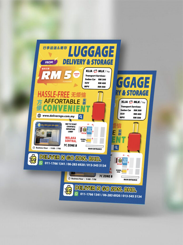 DeliverNGo marketing flyer for hassle-free travel and baggage storage