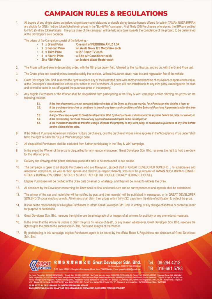 Real estate marketing flyer for Taman Nusa Impian Buy & Win campaign